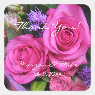 Sticker Carré Bouquet de roses roses, noms et date DIY