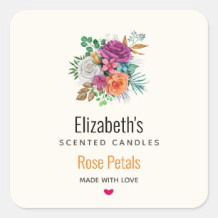 Sticker Carré Bouquet de roses roses, orange et blanches Bougie