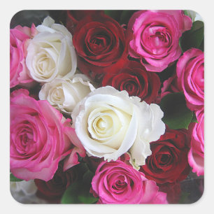 Sticker Carré Bouquet de roses roses roses, blanches et rouges -