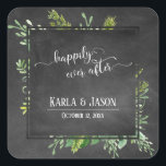 Sticker Carré Bouquet De Verdure Heureux Jamais Après Chalkboard<br><div class="desc">Sur un arrière - plan en damier texturé, j'ai ajouté un bouquet artistique désordonné de vaporisateurs de verdure aquarelle. Le centre était couvert d'un carré en damier bordé qui fait un cadre parfait pour vos détails personnels ; les espaces réservés modèles ont été configurés pour vos noms et votre date,...</div>