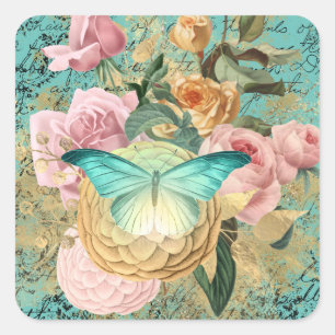 Sticker Carré Bouquet vintage floral et papillon