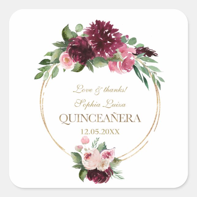 Sticker Carré Bourgogne Blush Floral Mis Quince Quinceañera (Devant)