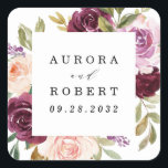 Sticker Carré Bourgogne Blush Rose Peach Gold Wedding Favoriser<br><div class="desc">Le design présente un élégant bouquet ou une couronne d'aquarelle dans les tons de rouge bordeaux,  de marsala,  de rose pâle,  de pêche et plus encore sur les éléments verdoyants de l'eucalyptus et feuilles d'or vintage.</div>