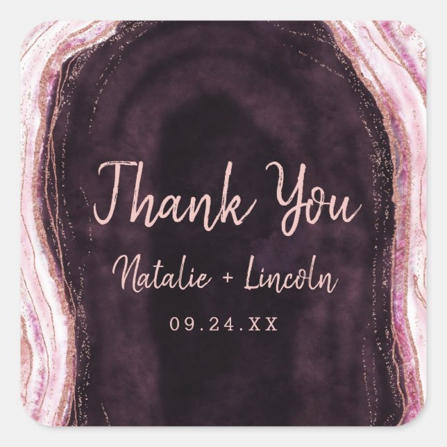 Sticker Carré Bourgogne et Rose Gold Geode Agate Mariage Merci (Devant)