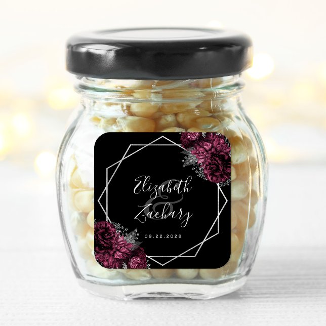 Sticker Carré Bourgogne Floral Argent Mariage noir géométrique (Créateur téléchargé)