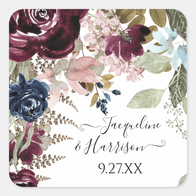 Sticker Carré Bourgogne Floral Elegant Blush Jewel Tone Mariage (Devant)