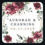 Sticker Carré Bourgogne Rouge Bleu Or Mariage géométrique de ver<br><div class="desc">Le design présente un cadre géométrique imprimé de couleur or avec des éléments floraux dans les tons bordeaux,  rouge et rougissant sur la verdure,  l'eucalyptus et les fleurs.</div>
