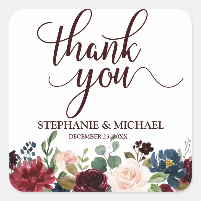 Sticker Carré Bourgogne Rouge Floral Russe Boho Merci (Devant)