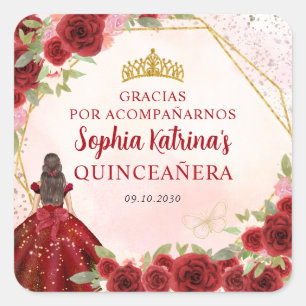 Sticker Carré Bourgogne Rouge or Floral Princesse Tiara Merci