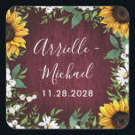 Sticker Carré Bourgogne Rouge Tournesol Vert Mariage Faveurs<br><div class="desc">Le design modèle est composé d'un arrière - plan en bois de grange rouge bordeaux décoré d'une aquarelle de marguerites,  de tournesols,  de verdure,  d'eucalyptus,  de respiration pour bébé et de lis de la vallée. Affichez la collection sur cette page pour rechercher des éléments de coordination.</div>