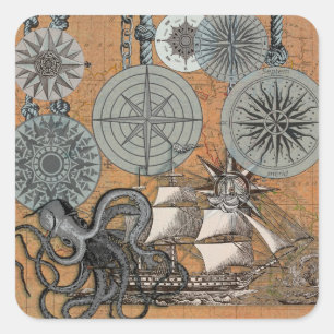 Sticker Carré Boussole Rose Vintage Nautique Octopus Ship