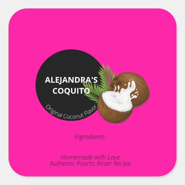 Sticker Carré Bouteille de Coquito Rose Chaud Éclatant au Coco (Devant)