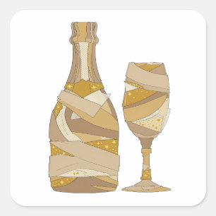 Sticker Carré Bouteille et verre de CHAMPAGNE gris carré Artisan