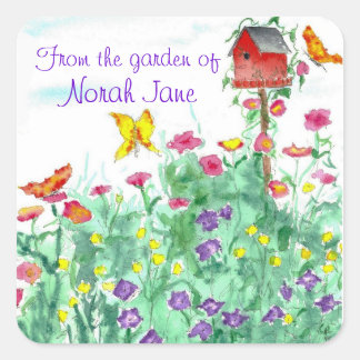 Sticker Carré Bouteille rouge Fleur de papillon Jardin Aquarelle