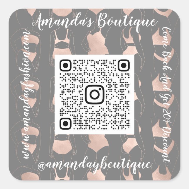 Sticker Carré Boutique Boutique Lingerie QrCode Logo Corps Rose  (Devant)