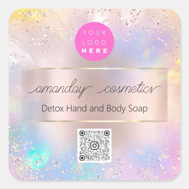 Sticker Carré Boutique en ligne Rose Holographe Code QR Logo (Devant)