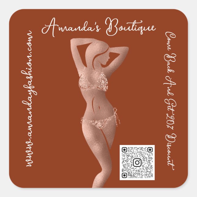 Sticker Carré Boutique Lingeire QrCode Logo Corps Rose Marron (Devant)