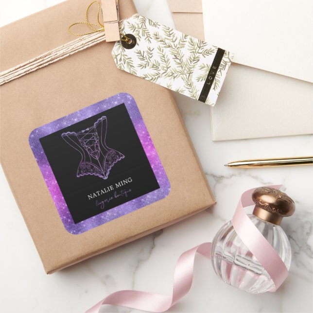 Sticker Carré Boutique Lingerie Luxe Parties scintillant violet  (Cadeaux)