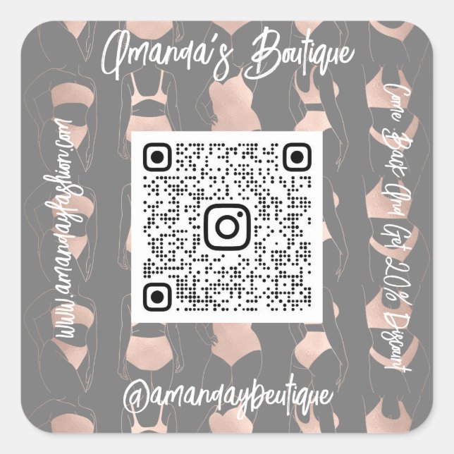Sticker Carré Boutique Shop Lingeire QrCode Logo Corps Rose Gris (Devant)