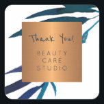 Sticker Carré Boutique studio cuivre métal feuilles merci<br><div class="desc">Autocollant de remerciement luxueux classe et glamour avec une belle océanique bleu marine aquarelle peinte main feuille de laurier pour wedding planner | esthéticienne | maquillage | coiffeuse | styliste de mode | salon de beauté | SPA | studio de décoration intérieure | boutique de mode | fleuriste | designer...</div>