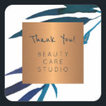Sticker Carré Boutique studio cuivre métal feuilles merci<br><div class="desc">Autocollant de remerciement luxueux classe et glamour avec une belle océanique bleu marine aquarelle peinte main feuille de laurier pour wedding planner | esthéticienne | maquillage | coiffeuse | styliste de mode | salon de beauté | SPA | studio de décoration intérieure | boutique de mode | fleuriste | designer...</div>