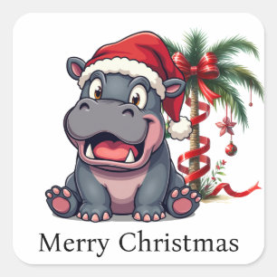 Sticker Carré Bouton de la fête hippo Père Noël
