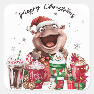 Sticker Carré Bouton de la fête hippo Père Noël