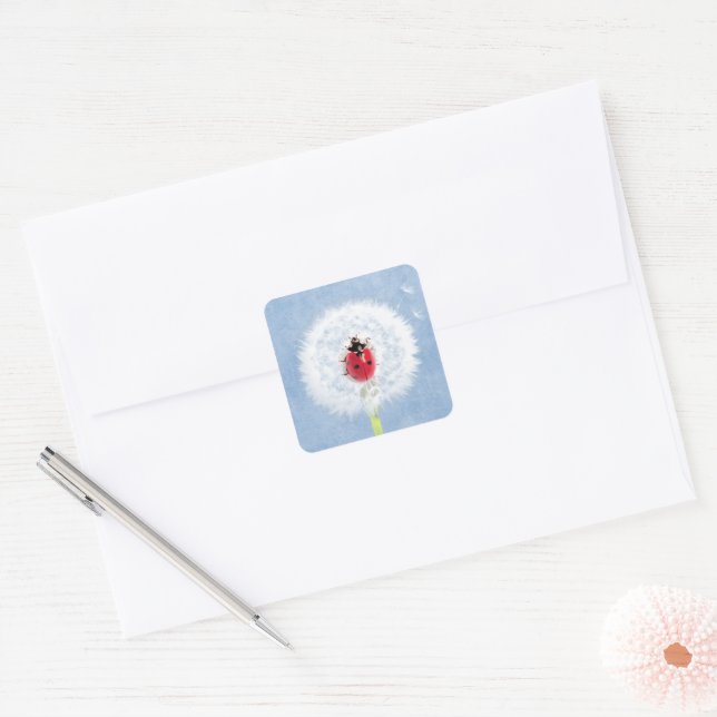 Sticker Carré Bouton mignon de Ladybug sur Dandelion Nature (Enveloppe)