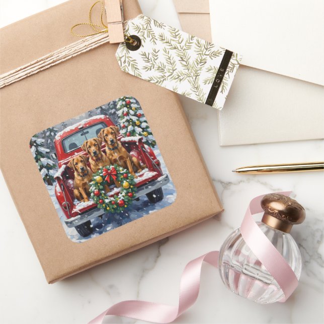 Sticker Carré Bouvier des Flandres Christmas Red Truck Holiday (Cadeaux)