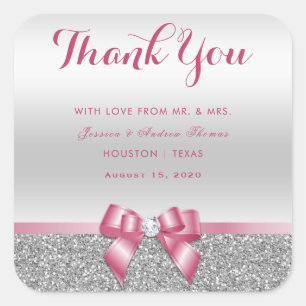 Sticker Carré Bow rose romantique et Merci Parties scintillant a