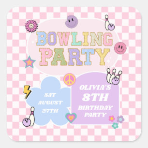 Sticker Carré Bowling Party Preppy Varsity Patch Anniversaire fê