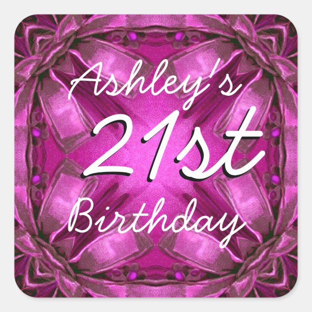 Sticker Carré Bows magenta et rose 21e anniversaire Nom personna (Devant)