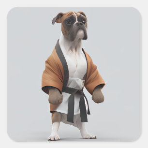 Sticker Carré Boxer Dog Jouer Karate, Karate Champion Boxer Dog