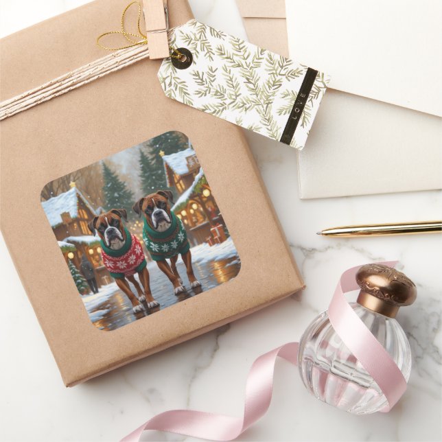 Sticker Carré Boxer Dogs Christmas Snow Holiday  (Cadeaux)