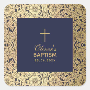 Sticker Carré Boy Baptism Vintage Gold Roses Marine Bleu Élégant