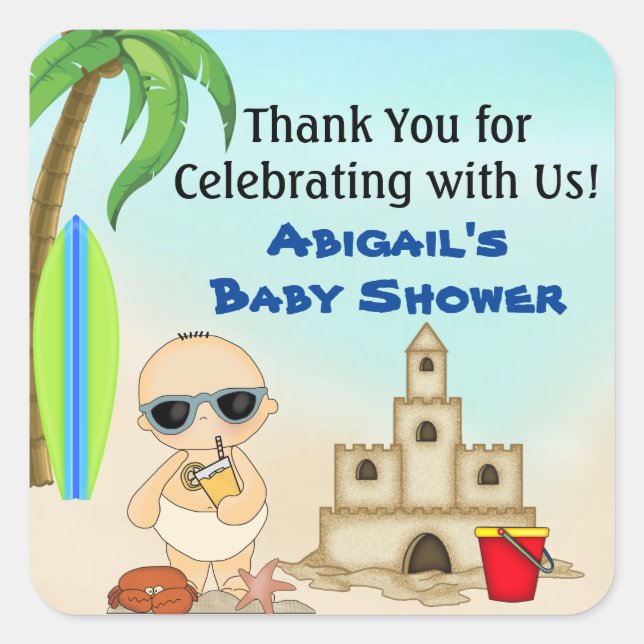Sticker Carré Boy Beach Baby Sandcastle Baby shower Merci (Devant)