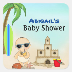 Sticker Carré Boy Beach Baby Sandcastle in Surfboard Baby shower