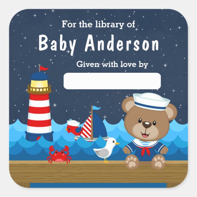 Sticker Carré Boy Bear Nautique Red et Navy Baby Bookplate (Devant)