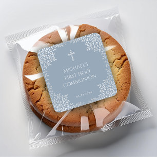 Sticker Carré Boy First Communion Dusty Blue Faux Feuilles d'arg