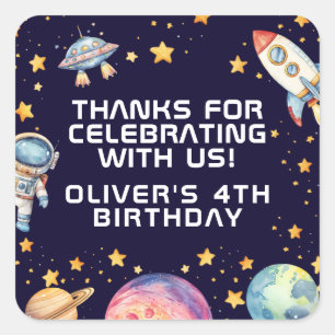 Sticker Carré Boy Modern Space Rocket Ship Anniversaire Fête Fav