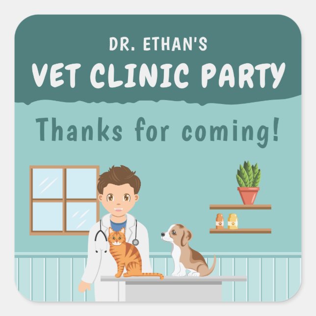 Sticker Carré Boy Veterinarian Pet Hospital Birthday Thank You (Devant)