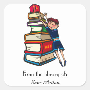 Sticker Carré Boy With a Stack of Books Bookplate