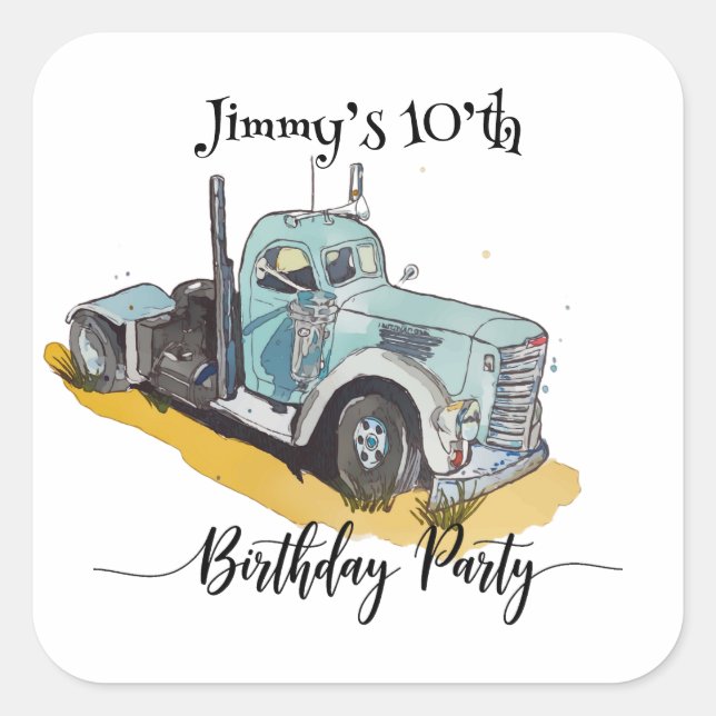 Sticker Carré Boys Birthday Party Blue Semi Truck (Devant)