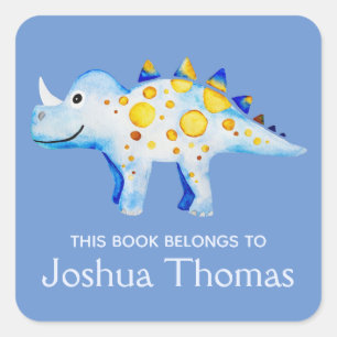 Sticker Carré Boys Blue Ce livre appartient Dinosaur et nom Enfa