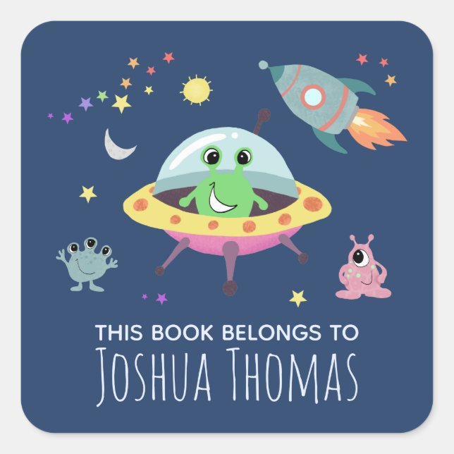 Sticker Carré Boys Library Cute Space Alien Nom Kids Bookplate (Devant)