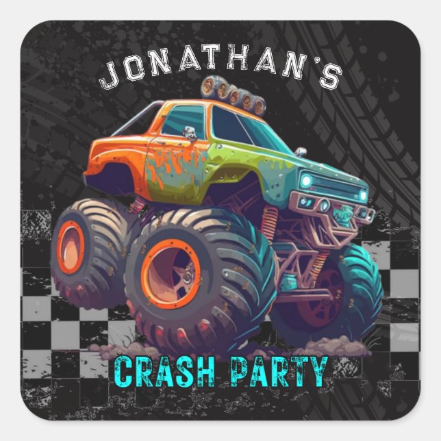 Sticker Carré Boys Monster Truck Rally Anniversaire (Devant)