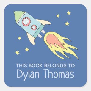 Sticker Carré Boys Rocket Ship 'This Book Belongs' et nom
