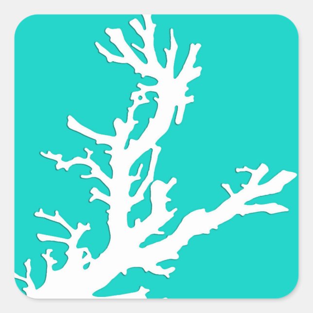 Sticker Carré Branche de corail - blanc sur turquoise (Devant)