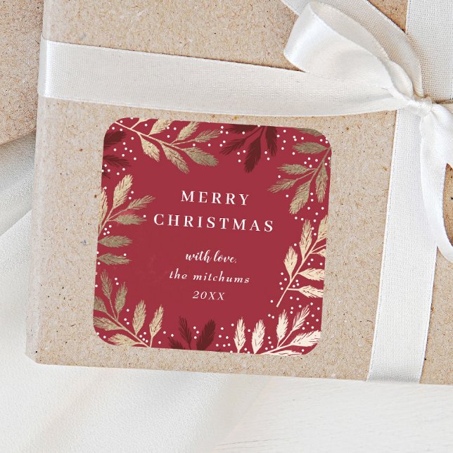 Sticker Carré Branche de pin dorée rouge Joyeux Noël Fêtes (Elegant red and gold christmas gift tags.)
