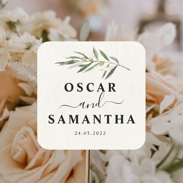 Sticker Carré Branche simple à l'aquarelle vert olive (Créateur téléchargé)